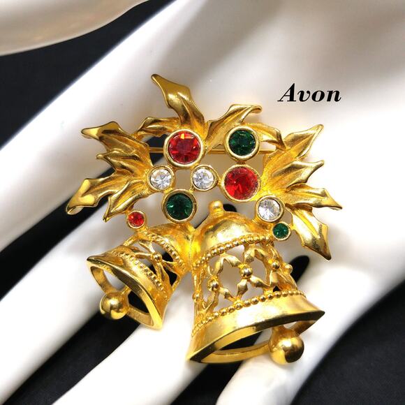 Avon Christmas Bells Brooch, Multicolored Rhinestones, 1960s Jewelry - Picture 1 of 10